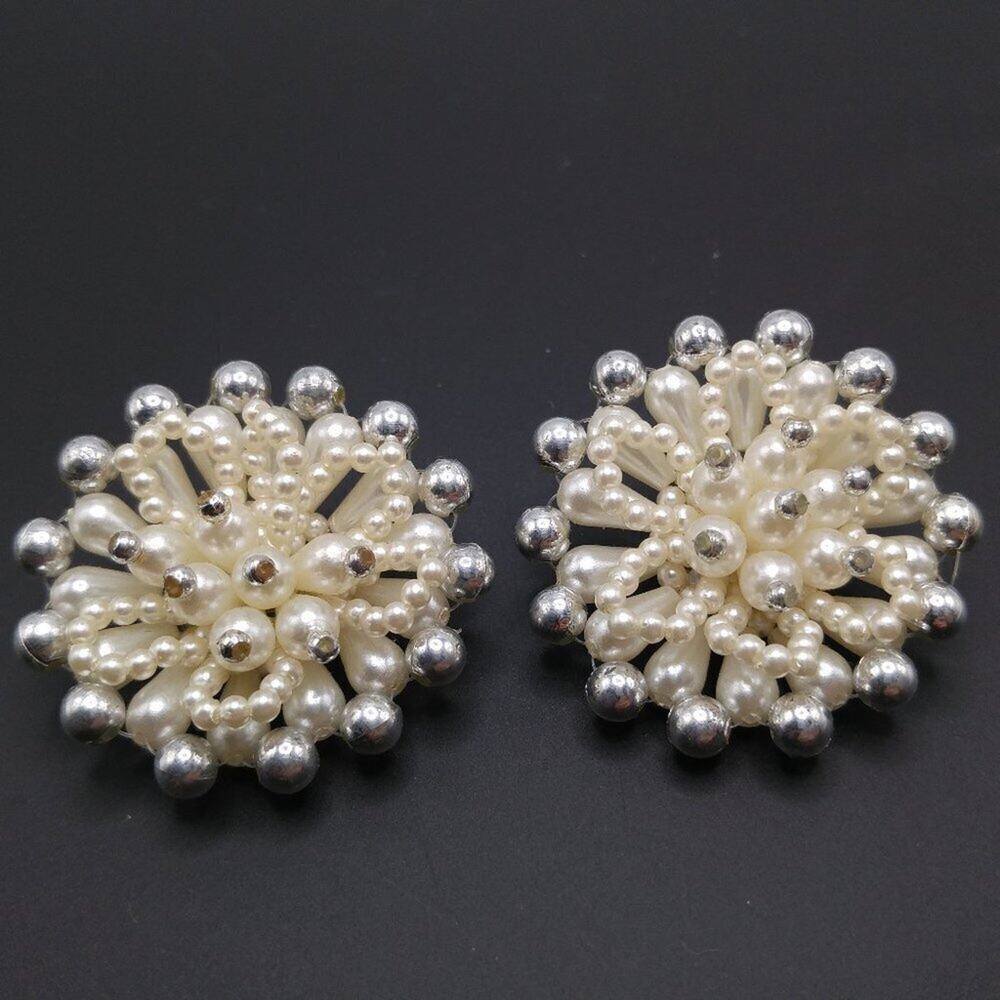 Vintage Faux Pearl Beaded Clip On Earrings, Mid-Century, 1 3/4 Inches